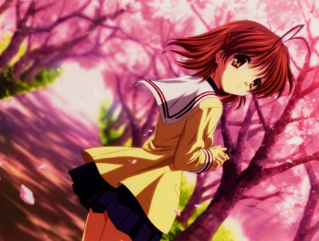 Red Haired Female Anime Character Wearing School Uniform Standing Near Trees