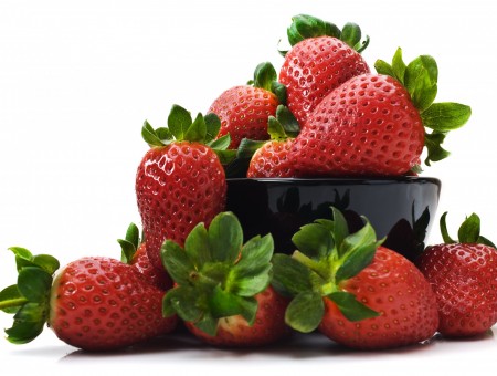 Red Strawberries In Black Ceramic Round Bowl