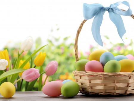 Easter Egg Basket On The Table Outside During Daytime