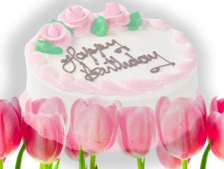 White And Pink Birthday Cake On Top Of Pink Tulips