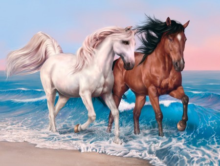White And Brown Horse Dashing Near Sea Shore
