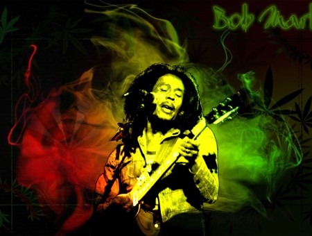 Bob Marley Playing Guitar While Singing With Cannabis Leaves Background Illustration
