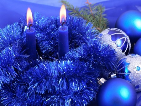 Blue baubles,garland and candles