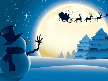 Snowman waiving hands to santa claus illustration