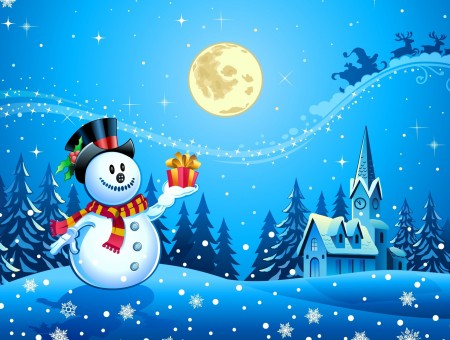 Snowman holding gift poster
