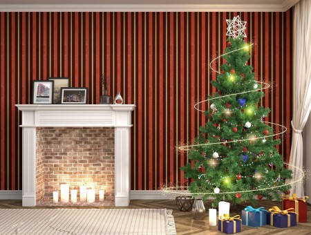 White and beige fireplace and Christmas tree decor
