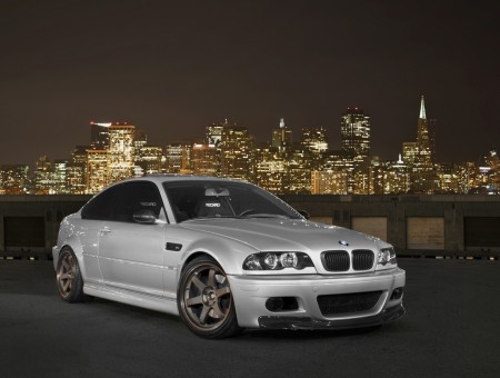 White BMW M3 E46 against the background of the city