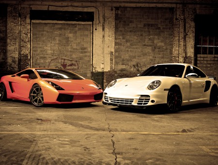 Orange Lamborghini and White Porsche