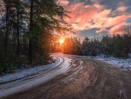 Sunset and winter road