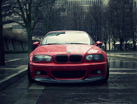 red bmw after rain