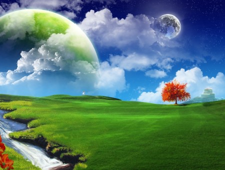 Sky planet and green grass