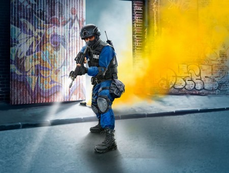 Soldier and yellow smoke