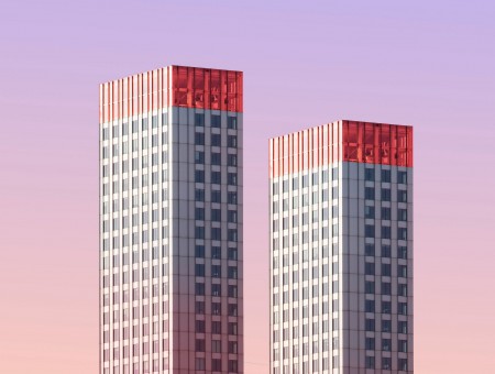 Two skyscrapers in the pink sky