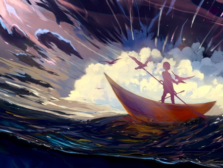 Boy on boat in storm