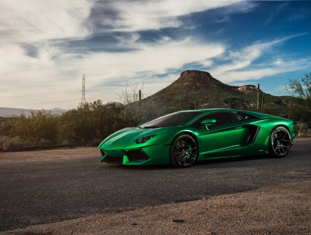 Emerald Lamborghini Aventador on the road