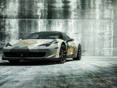 Camo Ferrari in garage