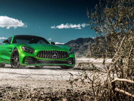 Green Mercedes Benz in desert