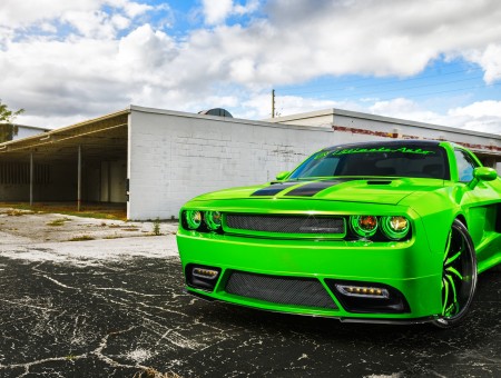 Green Dodge Challenger on road